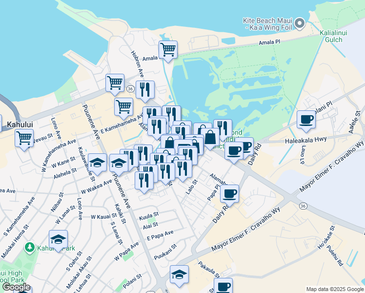 map of restaurants, bars, coffee shops, grocery stores, and more near 343 Hanamau Street in Kahului