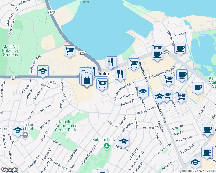 map of restaurants, bars, coffee shops, grocery stores, and more near 65 Kane Street in Kahului