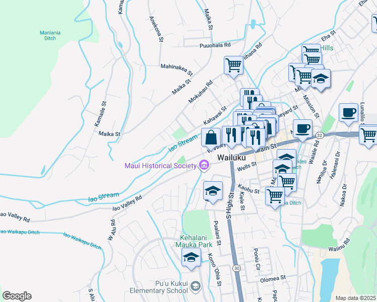 map of restaurants, bars, coffee shops, grocery stores, and more near 2444 West Vineyard Street in Wailuku