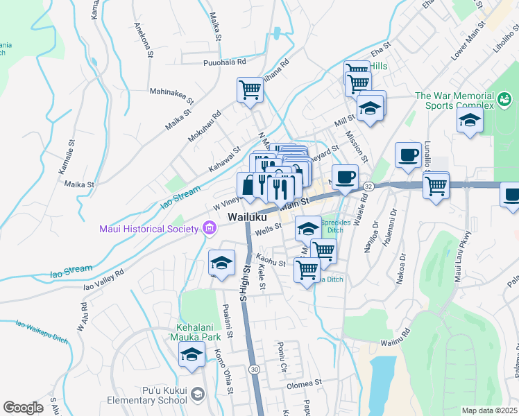 map of restaurants, bars, coffee shops, grocery stores, and more near 2158 Main Street in Wailuku