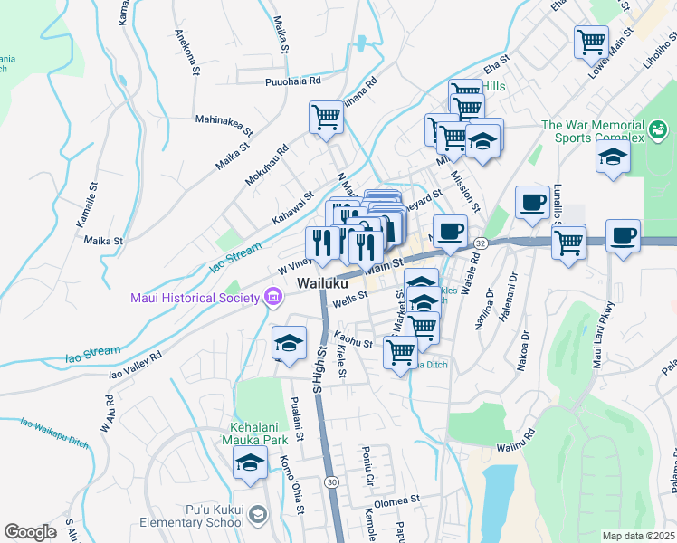 map of restaurants, bars, coffee shops, grocery stores, and more near 2158 Main Street in Wailuku