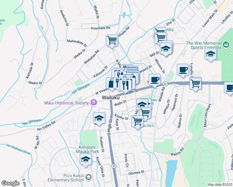 map of restaurants, bars, coffee shops, grocery stores, and more near 2158 Main Street in Wailuku