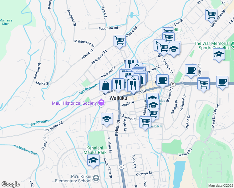 map of restaurants, bars, coffee shops, grocery stores, and more near Malaihi Road in Maui County