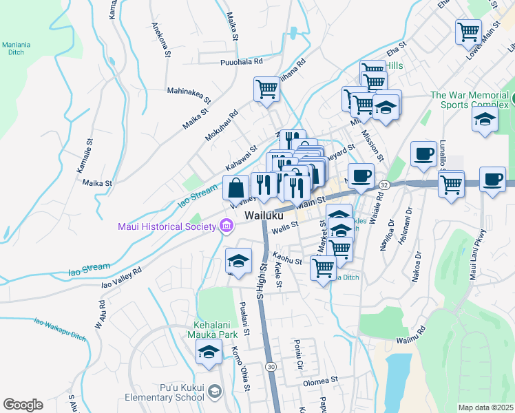 map of restaurants, bars, coffee shops, grocery stores, and more near South Laikeha Place in Wailuku
