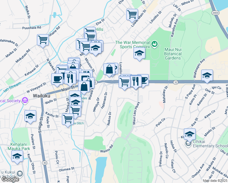 map of restaurants, bars, coffee shops, grocery stores, and more near 34 Nakoa Drive in Wailuku
