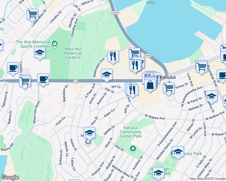 map of restaurants, bars, coffee shops, grocery stores, and more near 412 One Street in Kahului