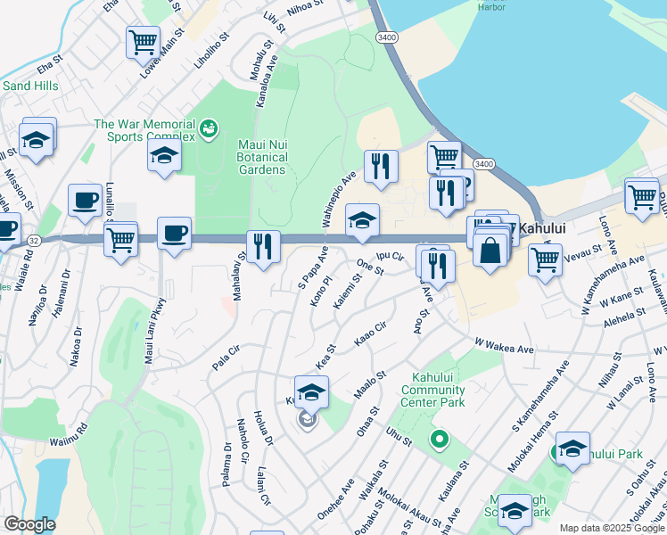 map of restaurants, bars, coffee shops, grocery stores, and more near 44 Kono Place in Kahului