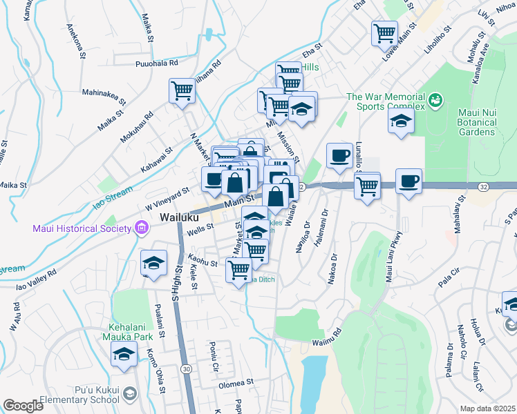 map of restaurants, bars, coffee shops, grocery stores, and more near 21 Kinipopo Street in Wailuku
