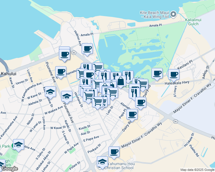 map of restaurants, bars, coffee shops, grocery stores, and more near 353 Hanamau Street in Kahului