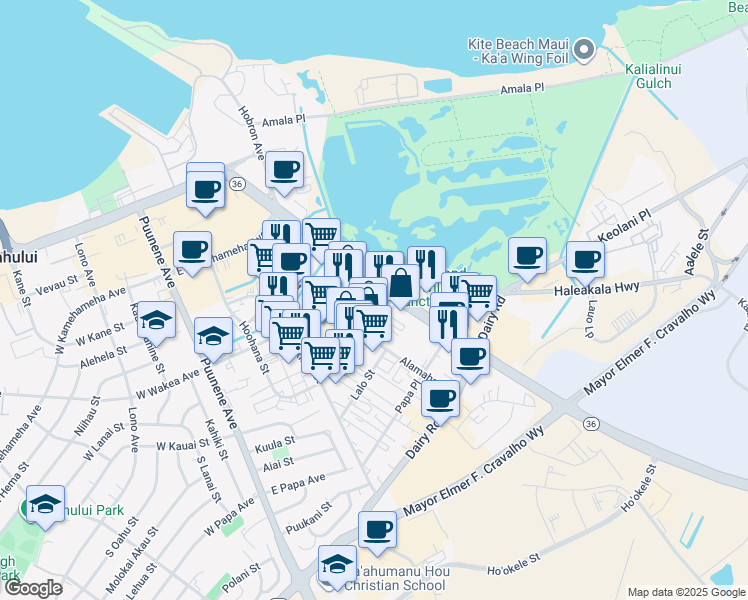 map of restaurants, bars, coffee shops, grocery stores, and more near 320 Hana Highway in Kahului