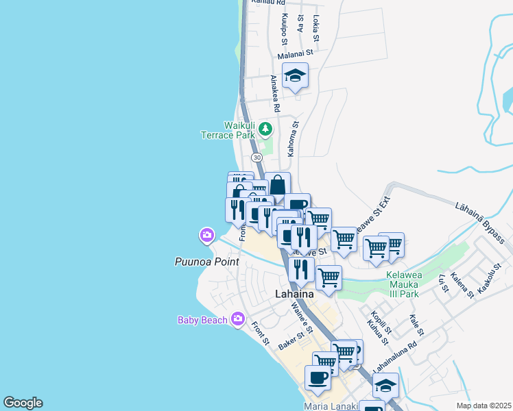 map of restaurants, bars, coffee shops, grocery stores, and more near 1306 Hoapili Street in Lahaina
