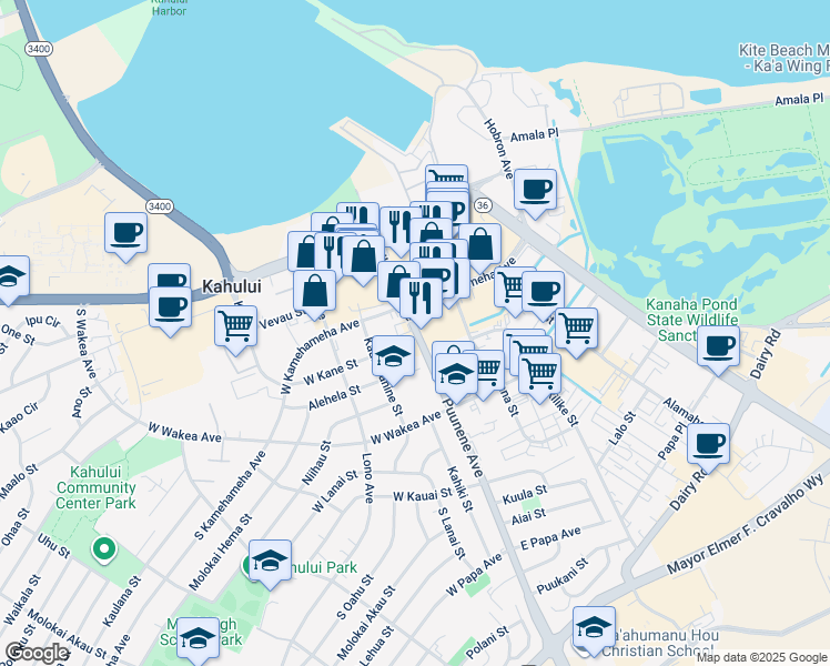 map of restaurants, bars, coffee shops, grocery stores, and more near in Kahului