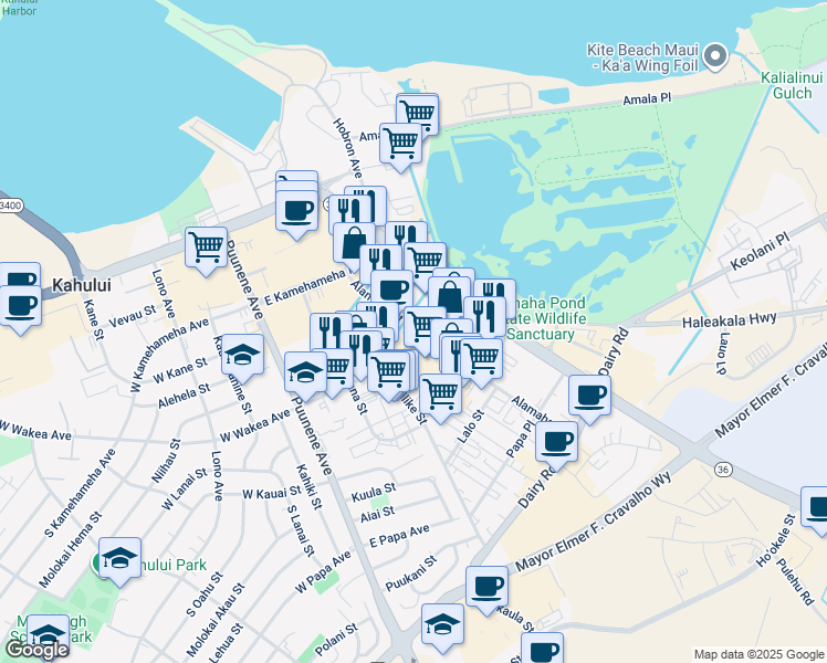 map of restaurants, bars, coffee shops, grocery stores, and more near 210 Alamaha Street in Kahului