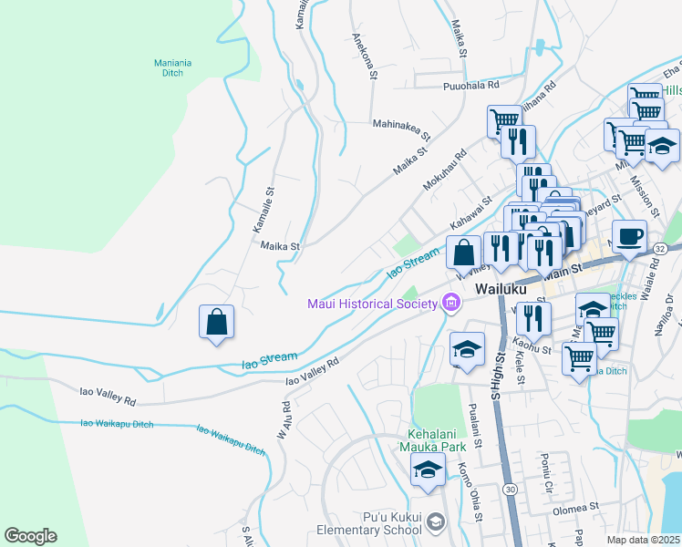 map of restaurants, bars, coffee shops, grocery stores, and more near 2547 Mokuhau Road in Wailuku