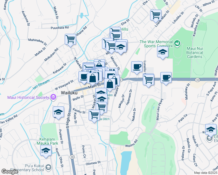 map of restaurants, bars, coffee shops, grocery stores, and more near 71 Kanoa Street in Wailuku