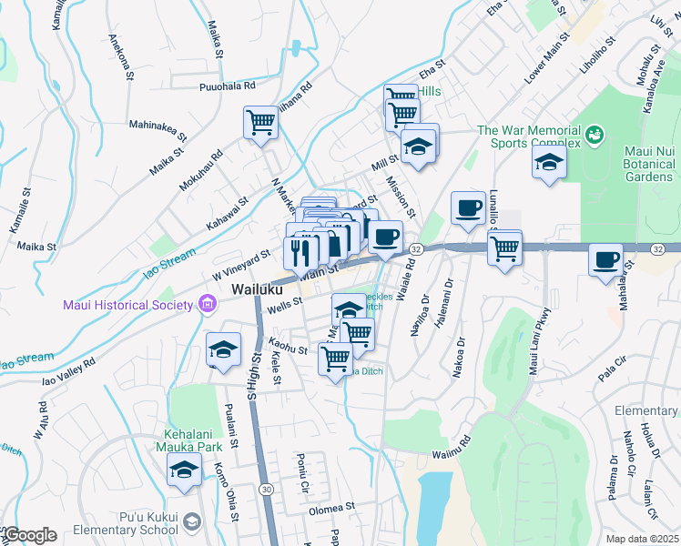 map of restaurants, bars, coffee shops, grocery stores, and more near 1967 Main Street in Wailuku