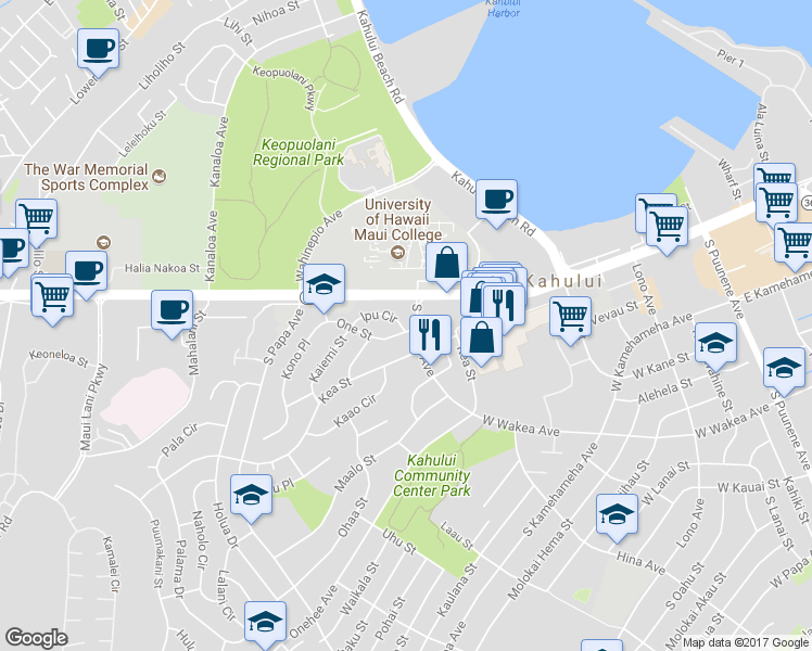 map of restaurants, bars, coffee shops, grocery stores, and more near 390 Ipu Circle in Kahului