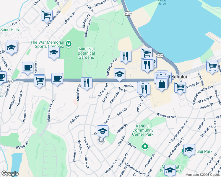 map of restaurants, bars, coffee shops, grocery stores, and more near 38 Kono Place in Kahului