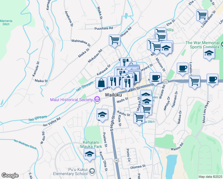 map of restaurants, bars, coffee shops, grocery stores, and more near 104 Kili'o'opu Street in Wailuku