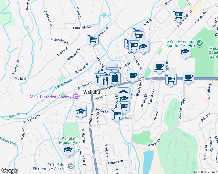 map of restaurants, bars, coffee shops, grocery stores, and more near 111 Ka ʻIkena Loop in Wailuku