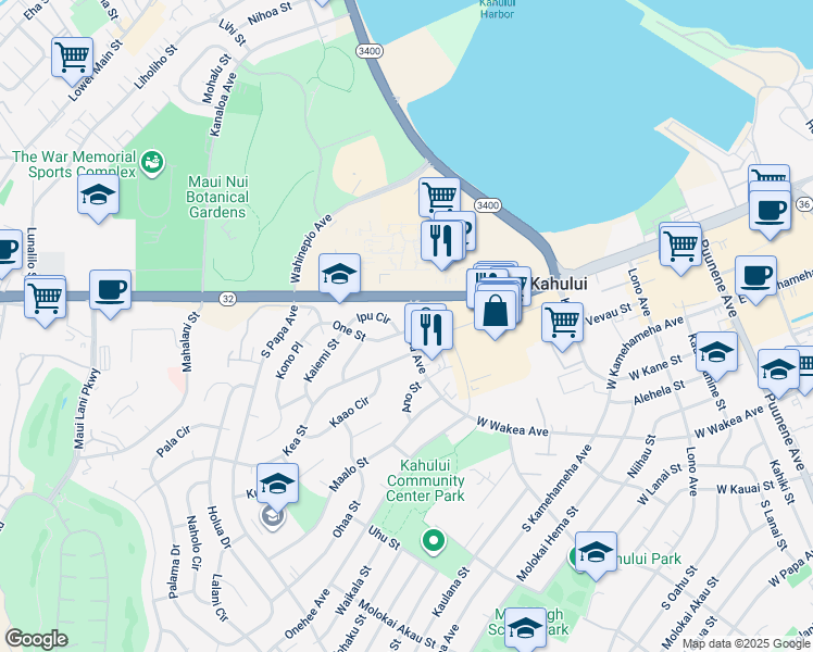 map of restaurants, bars, coffee shops, grocery stores, and more near 51 South Wakea Avenue in Kahului