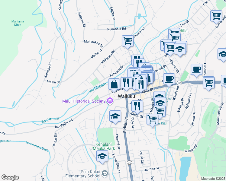 map of restaurants, bars, coffee shops, grocery stores, and more near 2294 West Vineyard Street in Wailuku