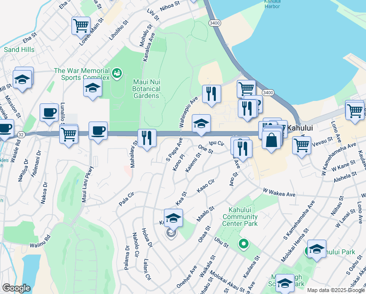 map of restaurants, bars, coffee shops, grocery stores, and more near 35 South Papa Avenue in Kahului