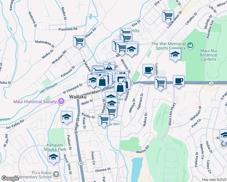 map of restaurants, bars, coffee shops, grocery stores, and more near 21 Kinipopo Street in Wailuku