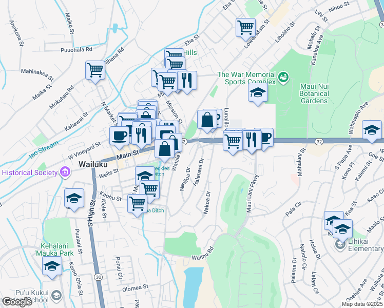map of restaurants, bars, coffee shops, grocery stores, and more near 67 Naniloa Drive in Wailuku