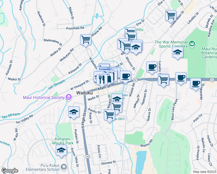 map of restaurants, bars, coffee shops, grocery stores, and more near 1997 Main Street in Wailuku