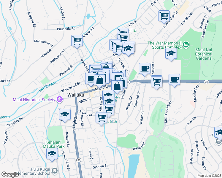map of restaurants, bars, coffee shops, grocery stores, and more near 21 Kinipopo Street in Wailuku