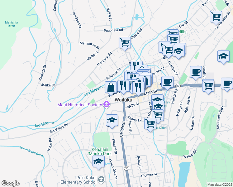 map of restaurants, bars, coffee shops, grocery stores, and more near 2241 West Vineyard Street in Wailuku