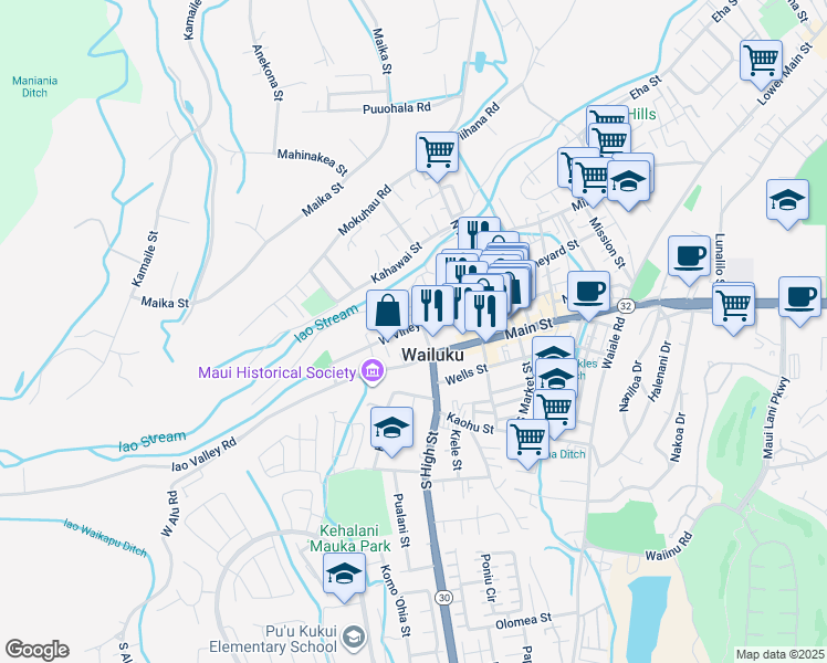 map of restaurants, bars, coffee shops, grocery stores, and more near 2233 West Vineyard Street in Wailuku