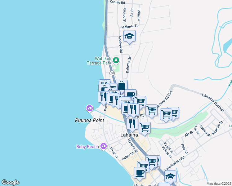 map of restaurants, bars, coffee shops, grocery stores, and more near 1314 Keao Street in Lahaina