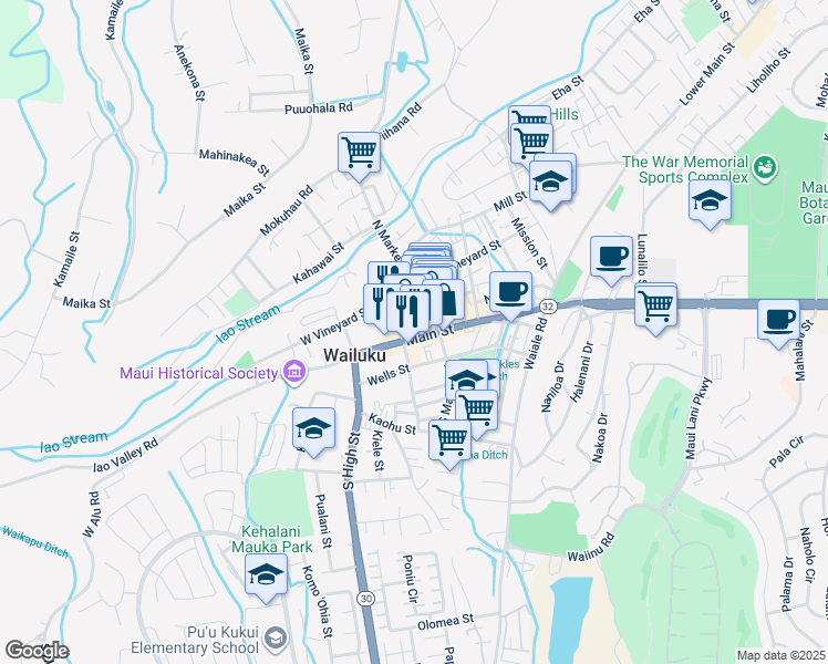 map of restaurants, bars, coffee shops, grocery stores, and more near 2065 Main Street in Wailuku