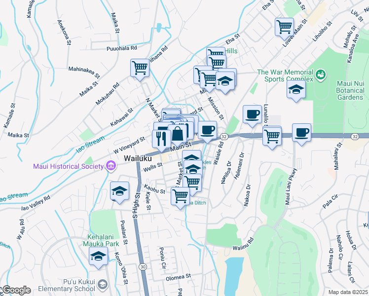 map of restaurants, bars, coffee shops, grocery stores, and more near 1967 Main Street in Wailuku