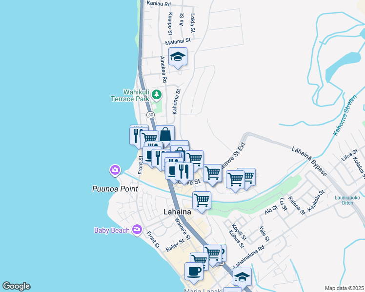 map of restaurants, bars, coffee shops, grocery stores, and more near 122 Kapunakea Street in Lahaina