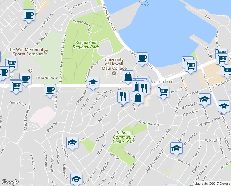 map of restaurants, bars, coffee shops, grocery stores, and more near 396 Ipu Circle in Kahului