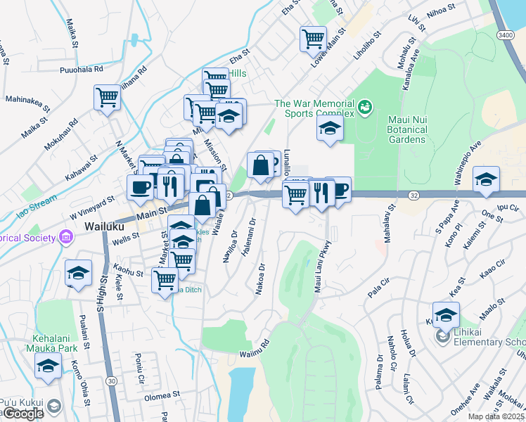 map of restaurants, bars, coffee shops, grocery stores, and more near 23 Nakoa Drive in Wailuku