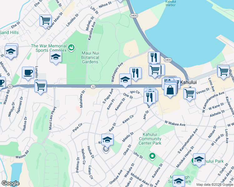 map of restaurants, bars, coffee shops, grocery stores, and more near 32 Kono Place in Kahului