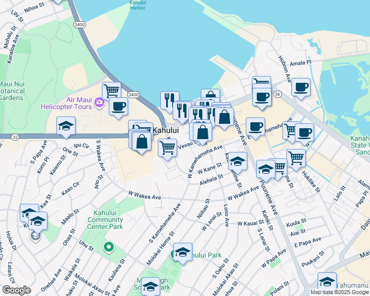 map of restaurants, bars, coffee shops, grocery stores, and more near 67 School Street in Kahului