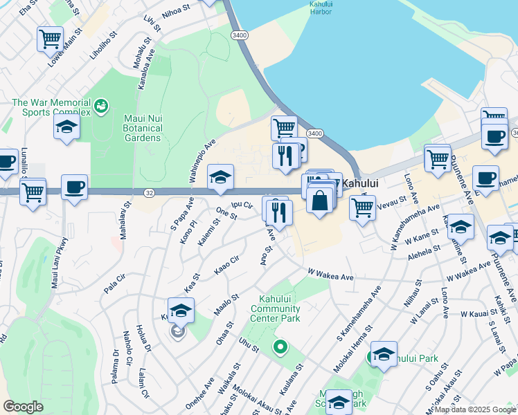 map of restaurants, bars, coffee shops, grocery stores, and more near 396 Ipu Circle in Kahului
