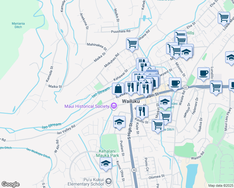 map of restaurants, bars, coffee shops, grocery stores, and more near 196 Muliwai Drive in Wailuku