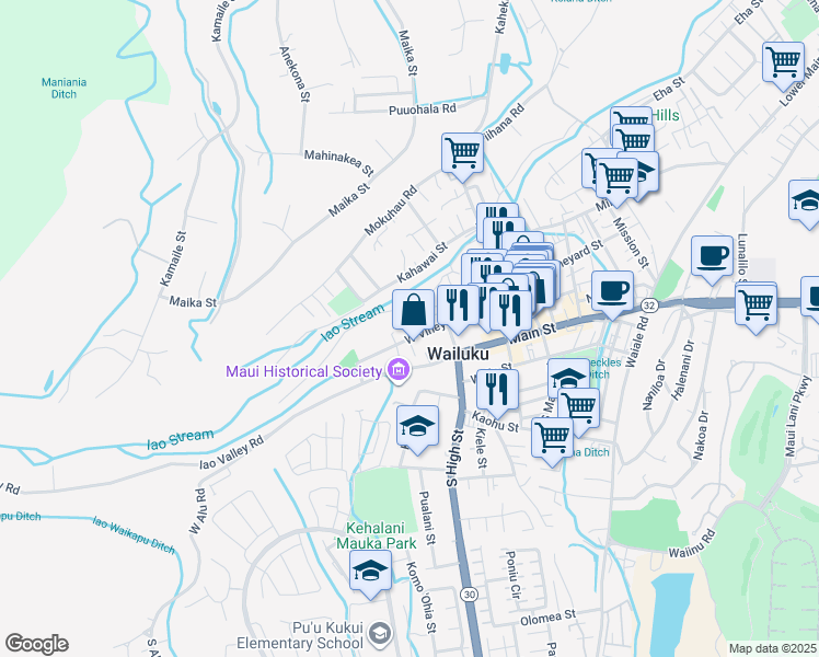 map of restaurants, bars, coffee shops, grocery stores, and more near 196 Muliwai Drive in Wailuku