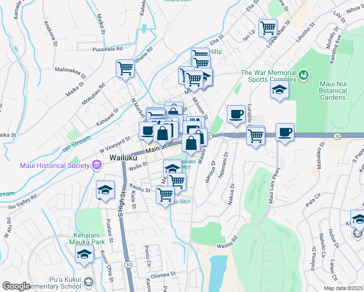 map of restaurants, bars, coffee shops, grocery stores, and more near 21 Kinipopo Street in Wailuku