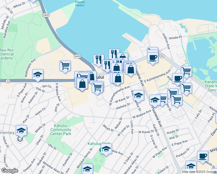map of restaurants, bars, coffee shops, grocery stores, and more near 67 School Street in Kahului