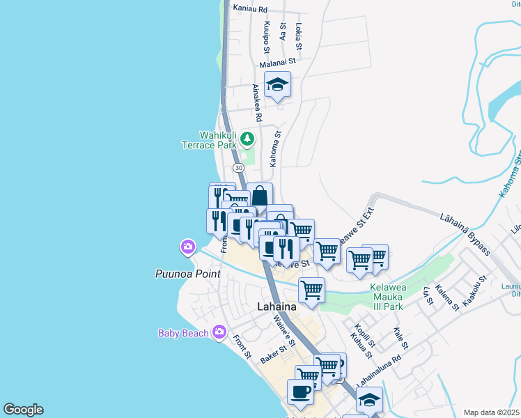 map of restaurants, bars, coffee shops, grocery stores, and more near 1245 Ainakea Road in Lahaina