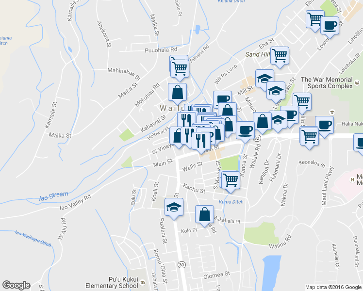 map of restaurants, bars, coffee shops, grocery stores, and more near 33 Niolopua Lane in Wailuku