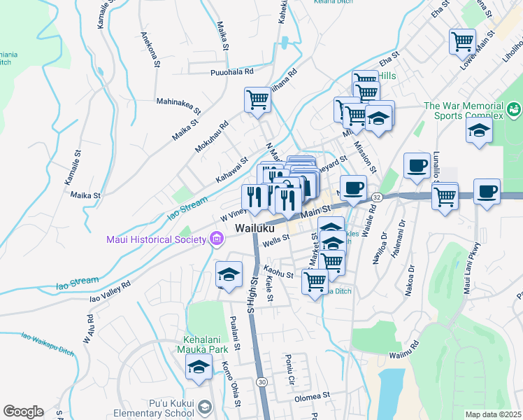 map of restaurants, bars, coffee shops, grocery stores, and more near 33 Niolopua Lane in Wailuku