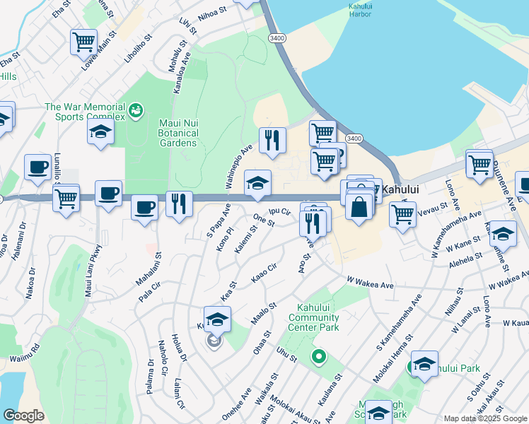 map of restaurants, bars, coffee shops, grocery stores, and more near 456 Ipu Circle in Kahului
